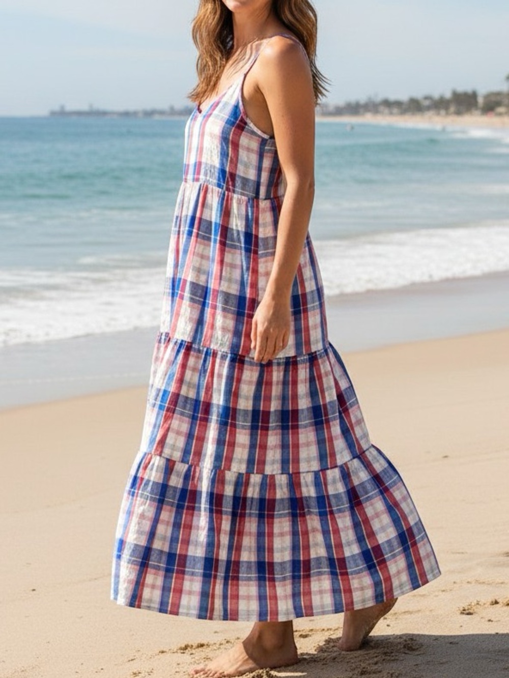 Peyton & Parker Tiered Hem Sleeveless Maxi Dress Blue Red Plaid 4th of July M